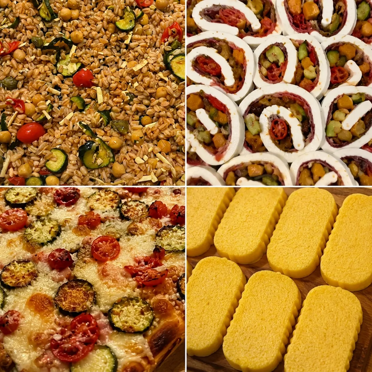 Le quattro stagioni in bottega: insalata di farro in primavera, rotolini di mozzarella farcita in estate, pizza con verdure in autunno e polenta fresca in inverno